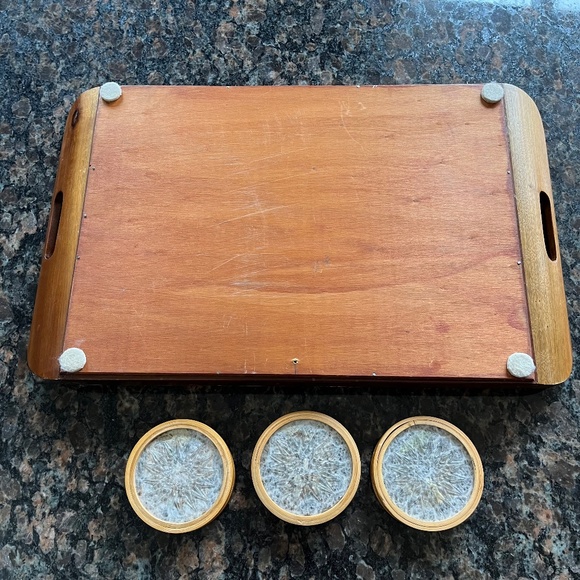 Vintage 40s Brazillian Butterfly Inlay Tray with Bamboo Coasters - Picture 9 of 9